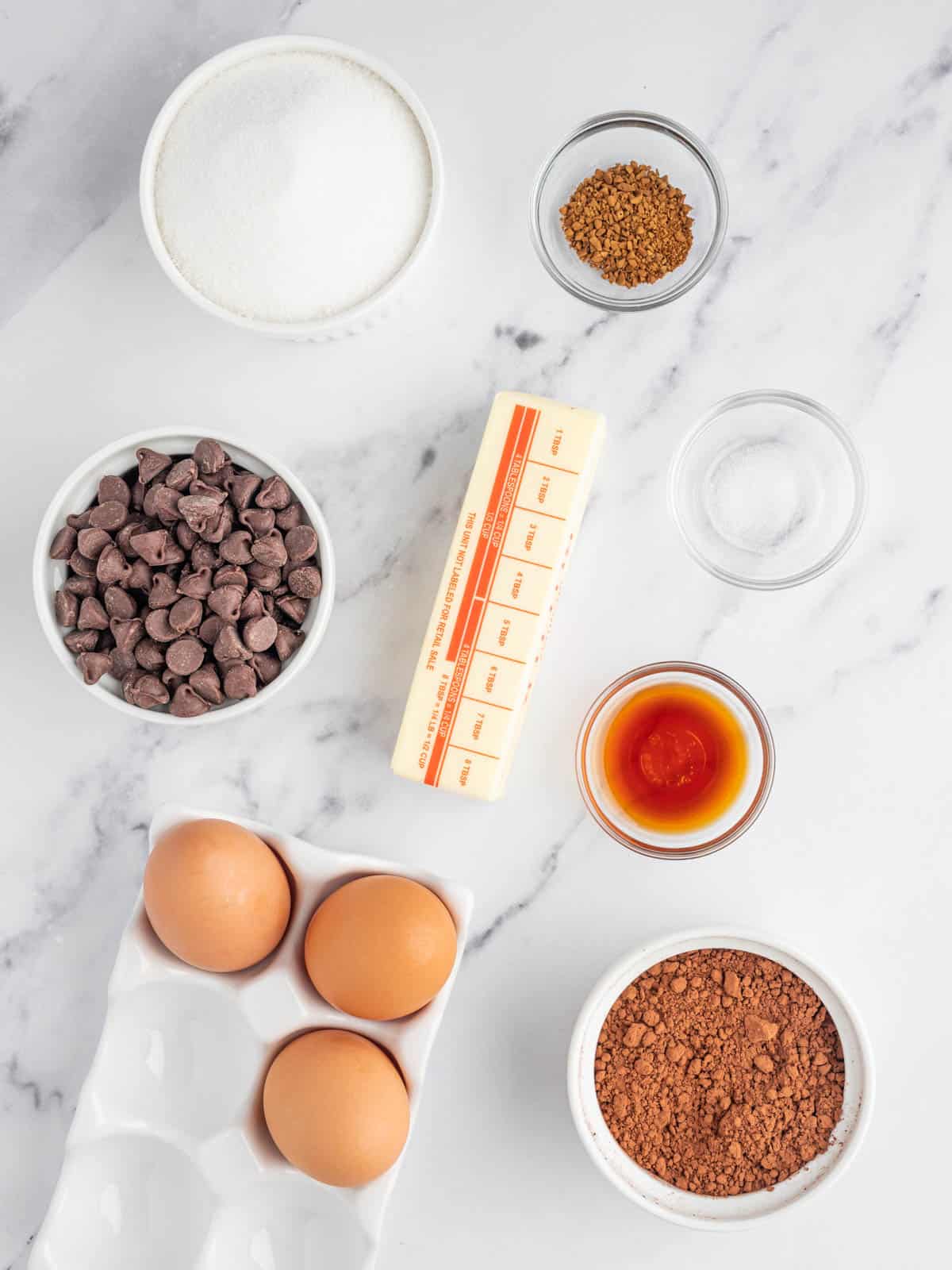 Ingredients needed for flourless chocolate torte.