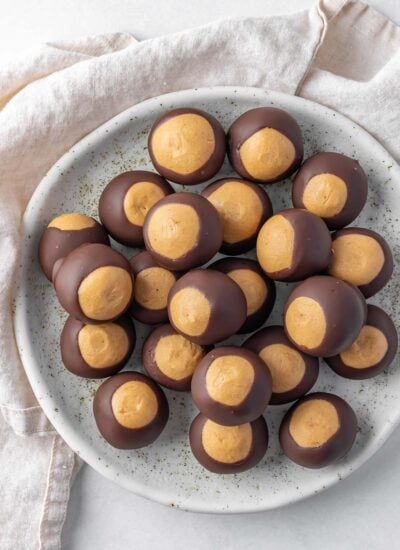 A plate of chocolate peanut butter balls.