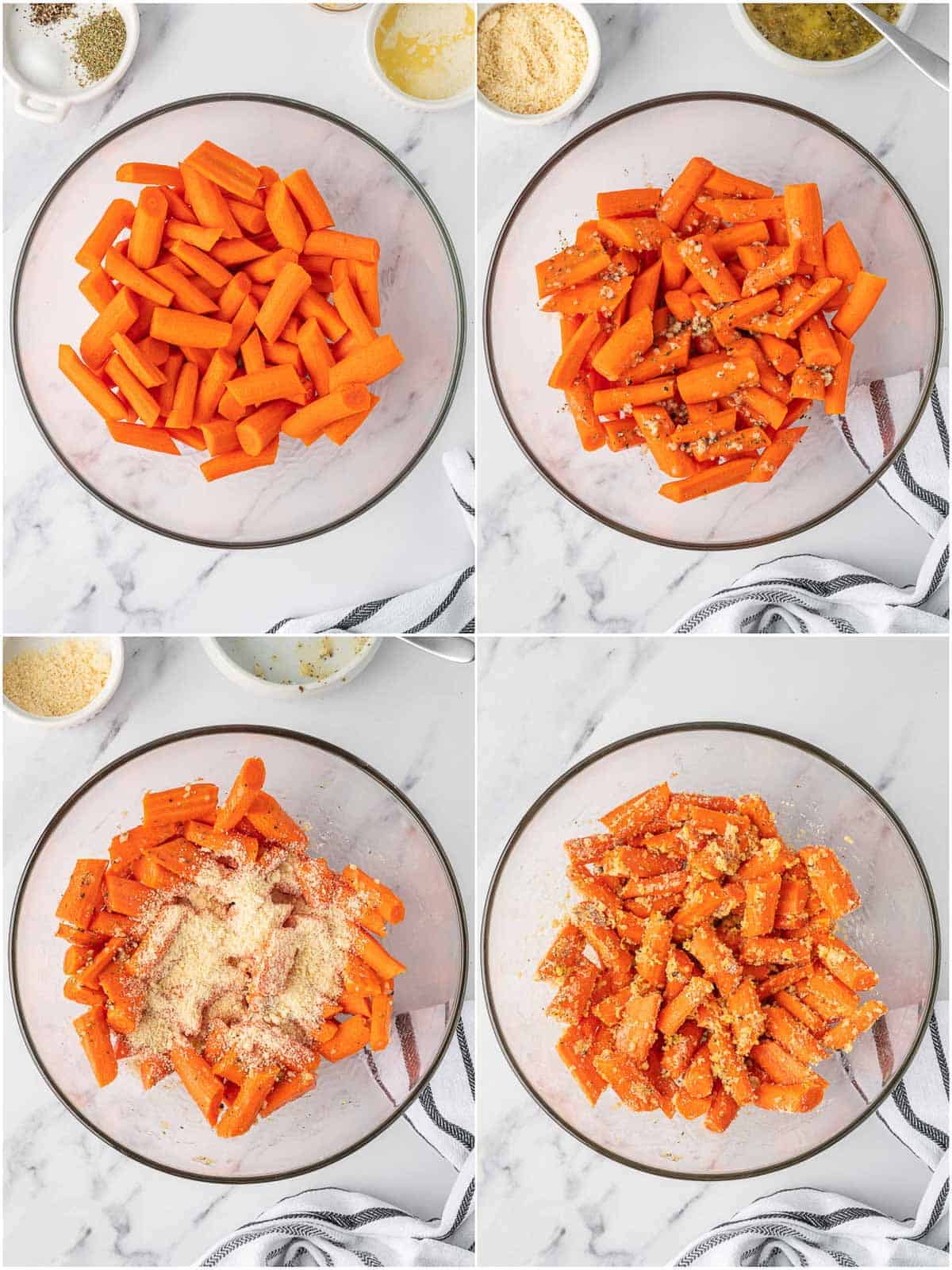 Carrots coated with butter seasoning and Parmesan before roasting.