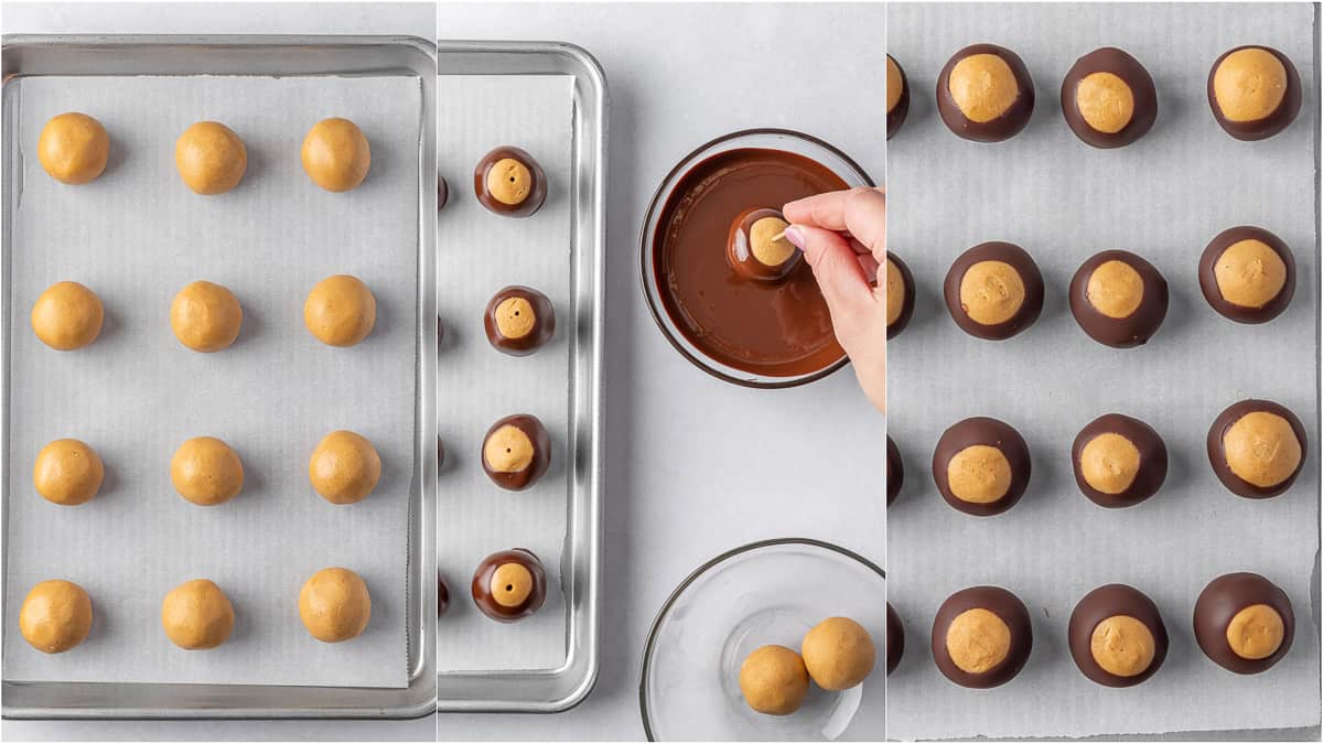 Process for dipping buckeye candy in chocolate.
