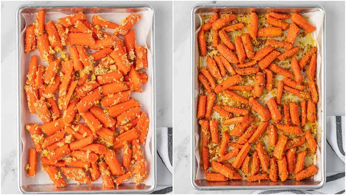 Seasoned carrots shown on a baking sheet before and after roasting.