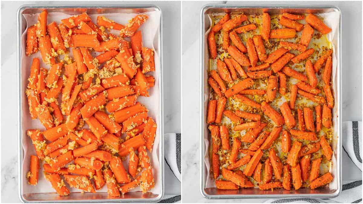 Before and after of roasted carrots on a baking tray.
