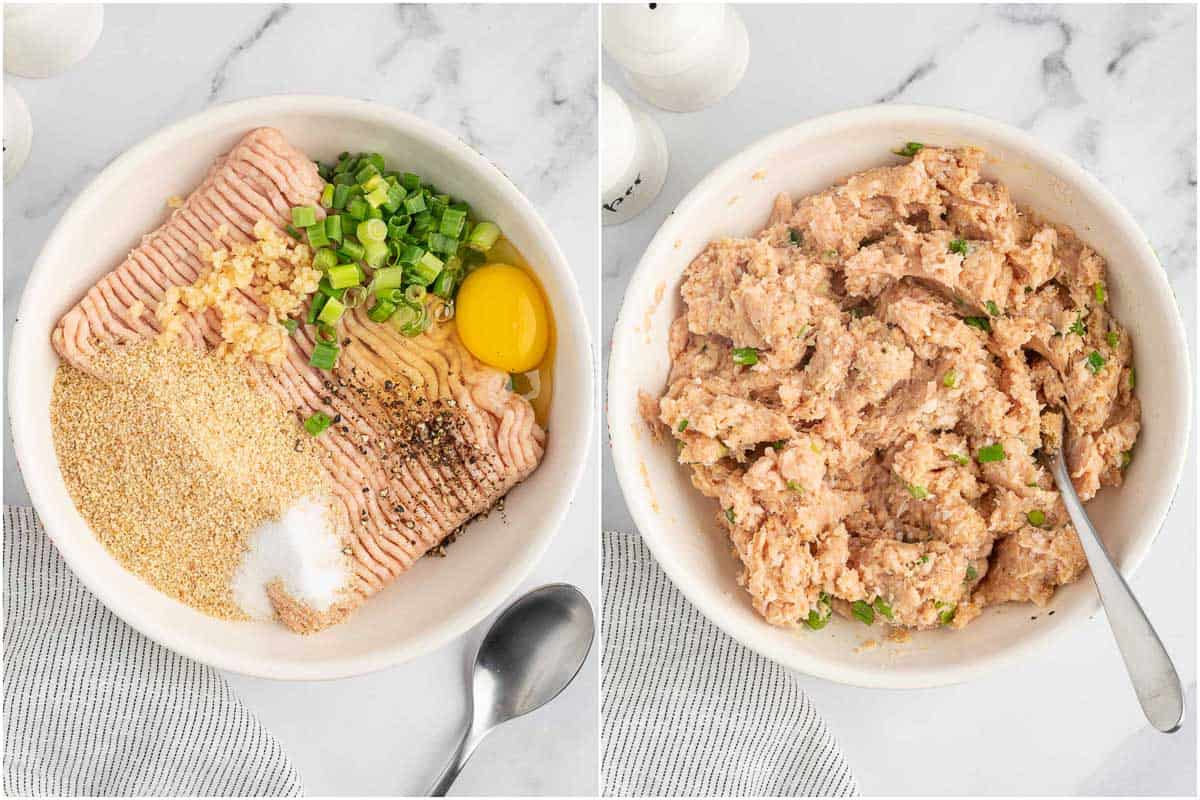 Mixing ground chicken with ingredients to form meatballs.