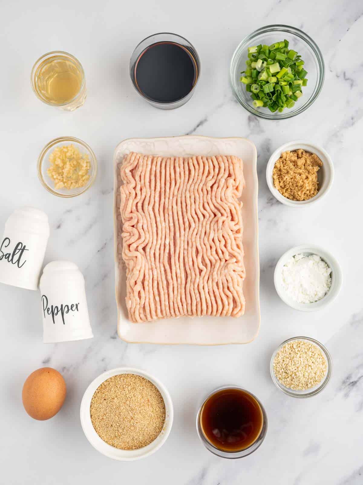 Ingredients needed for teriyaki chicken meatballs.