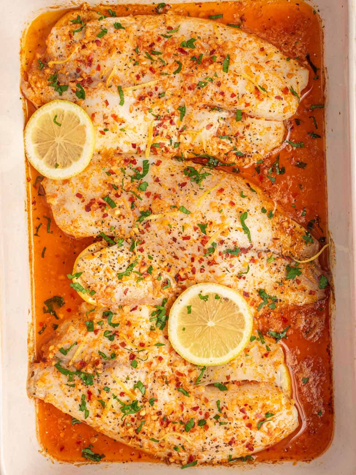 Closeup of easy baked tilapia recipe.