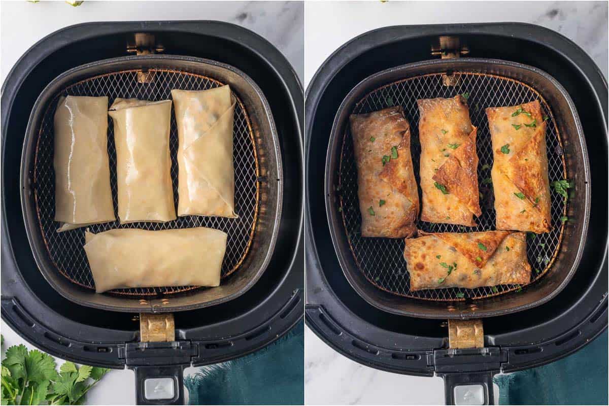 Before and after of southwest egg rolls in air fryer.