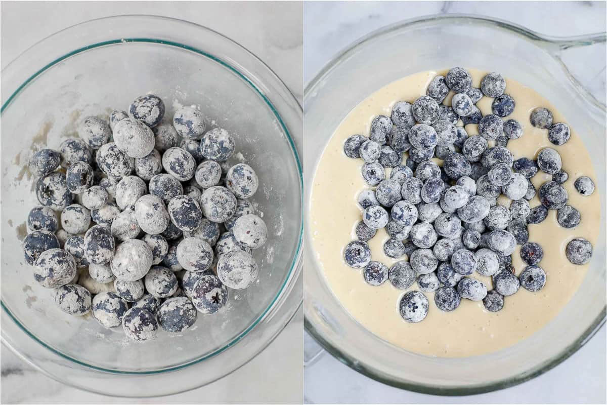 dusting blueberries with flour and folding into the cake.