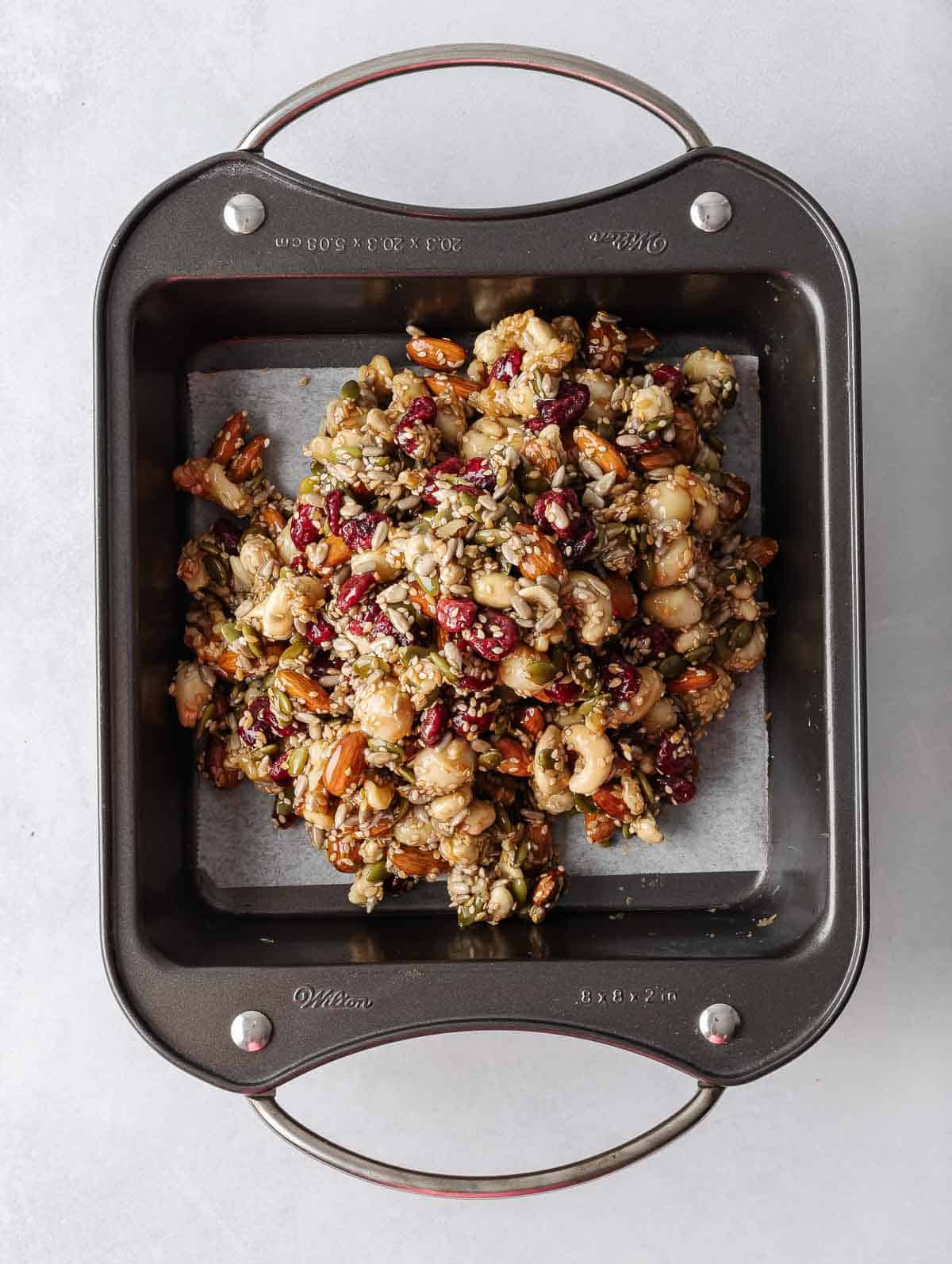 Seed and nut mixture in a parchment lined tray.