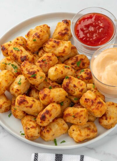 Cheesy tater tots with ketchup.