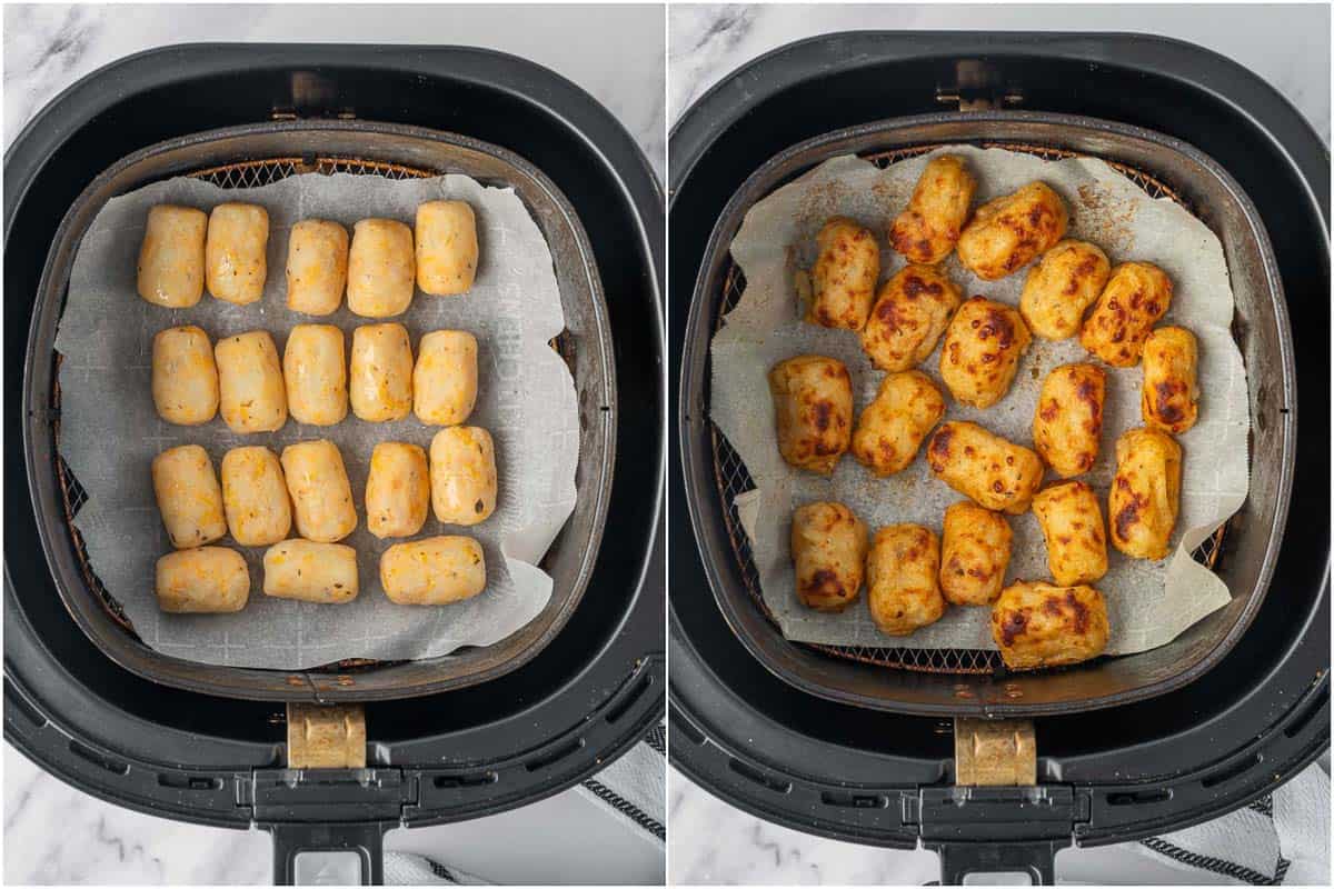 Before and after of tater tots in air fryer.