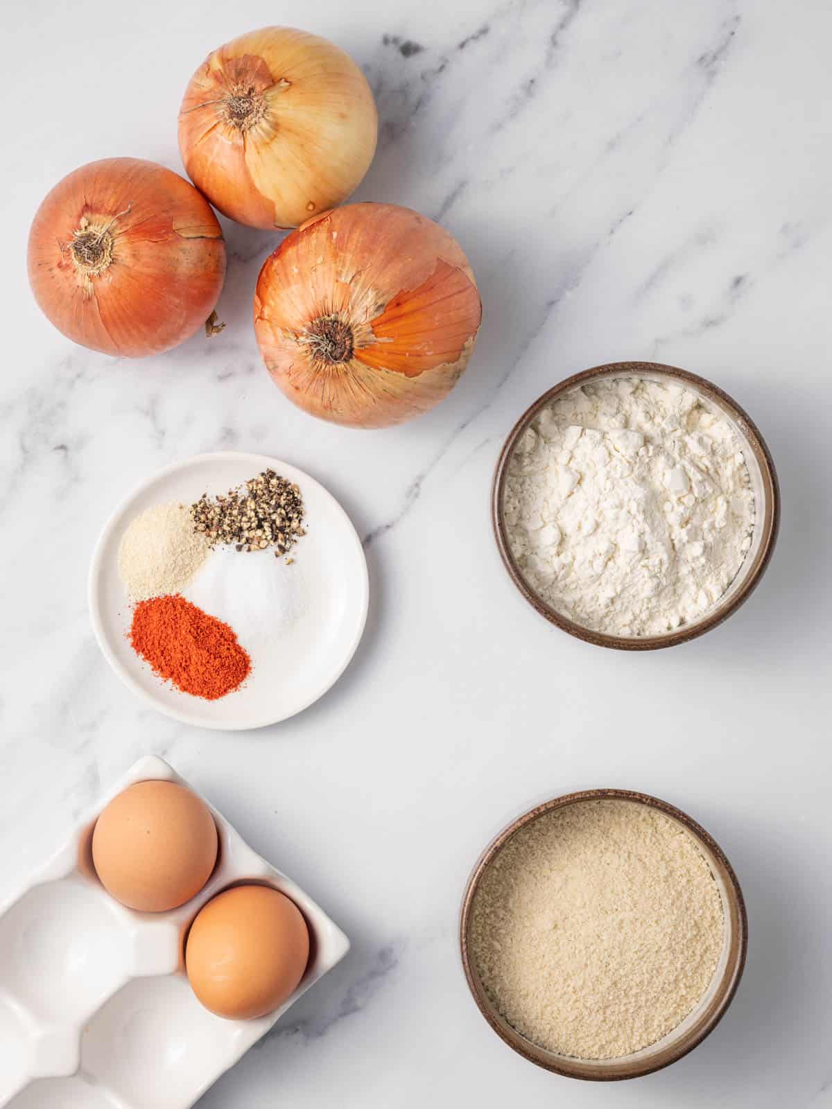 Ingredients needed for oven baked onion rings.