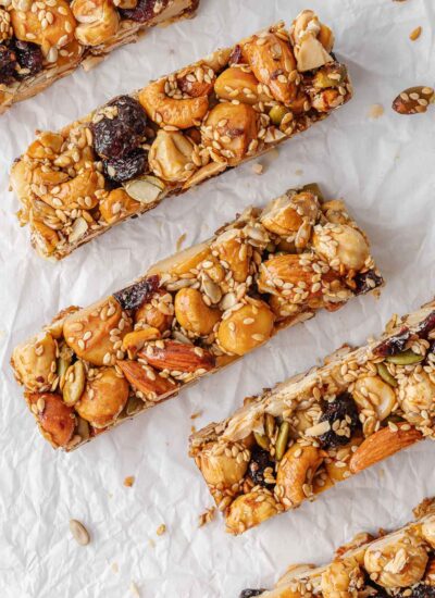 Healthy nut bar recipe on parchment paper.