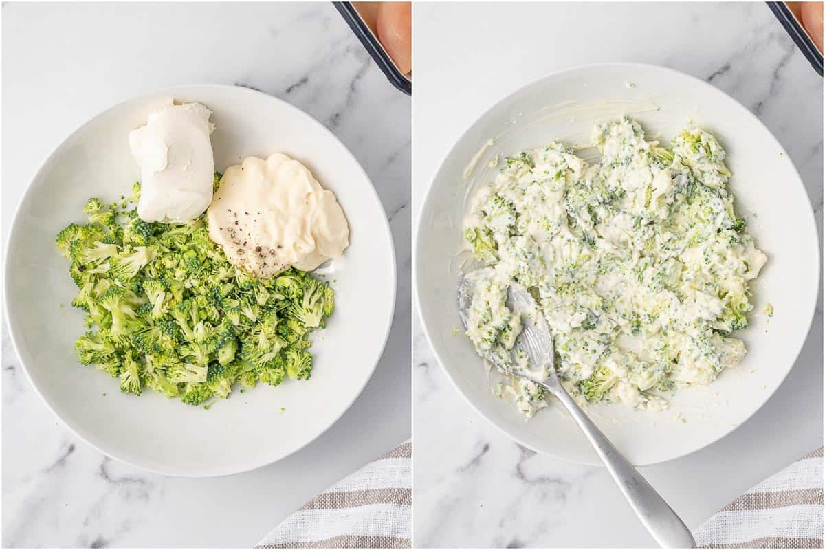 Process of mixing the broccoli cheese stuffing.