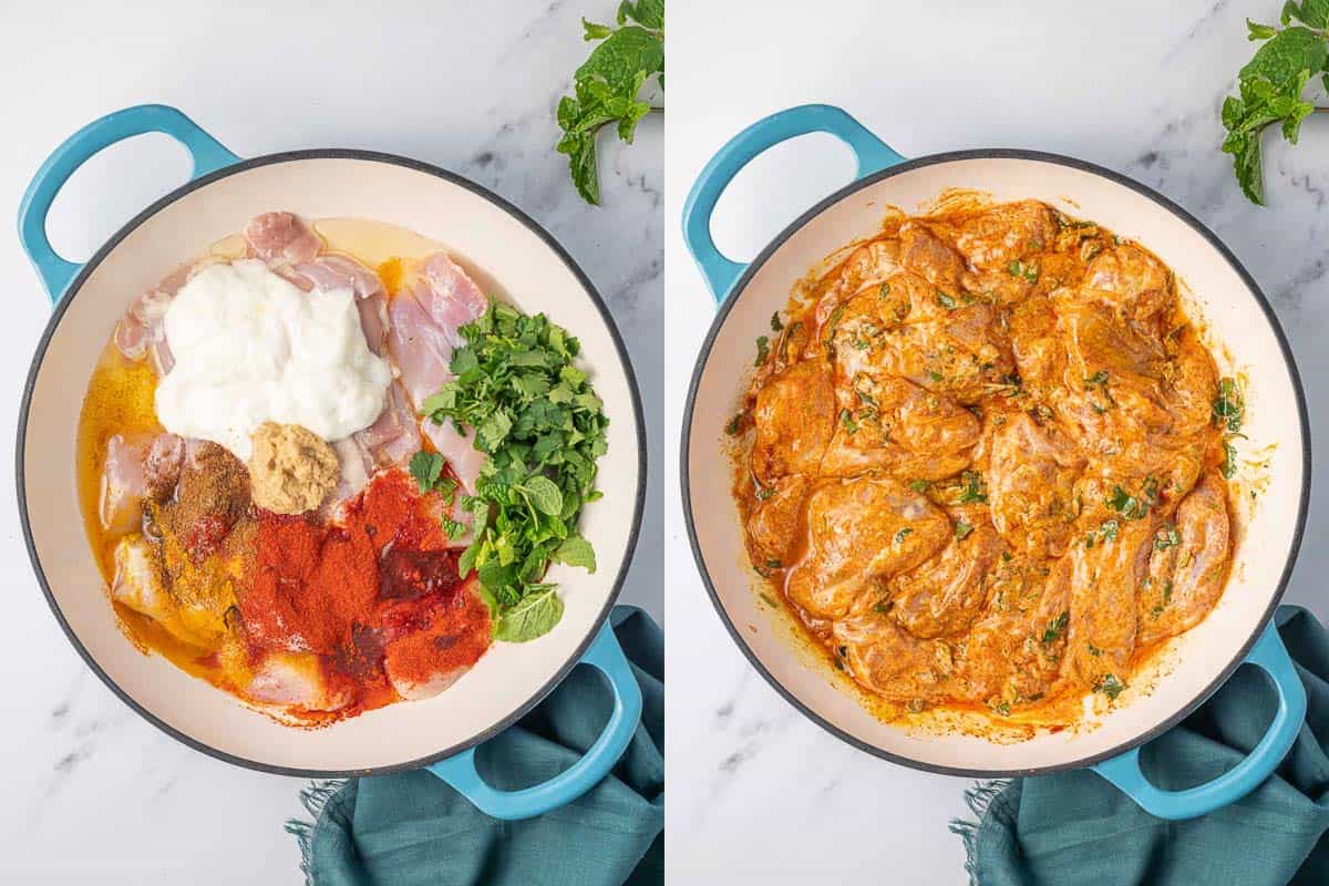 Yogurt marinated chicken biryani in a dutch oven.