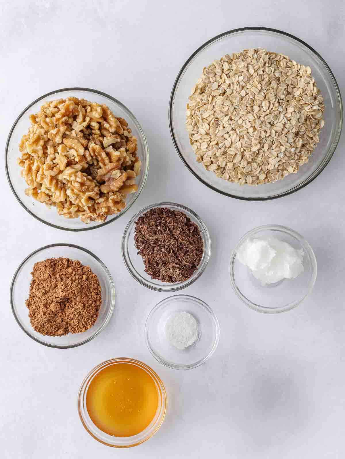 Ingredients needed for homemade chocolate granola.