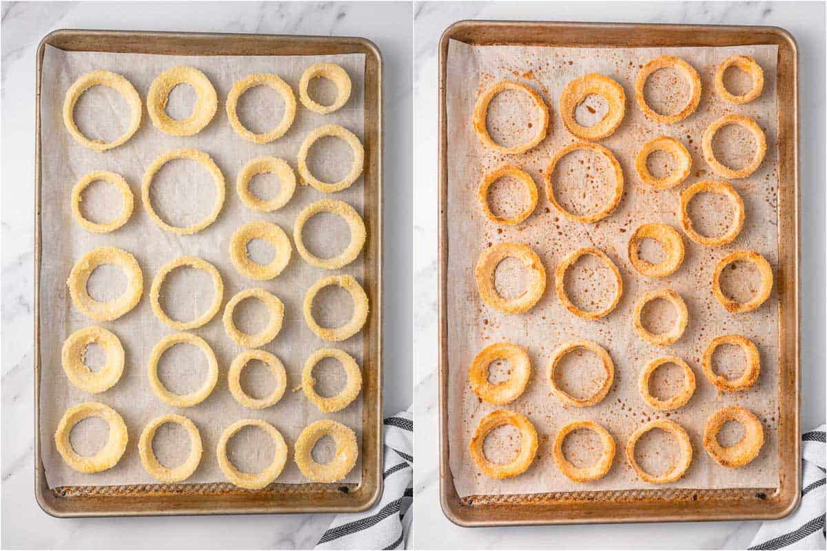 Before and after shots of onion rings on a baking tray.