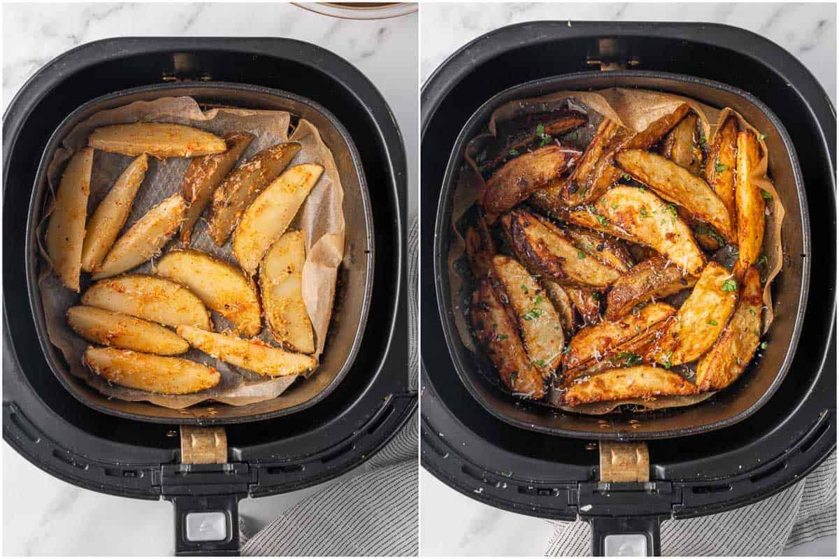 Before and after photo of parmesan potato wedges in the air fryer.