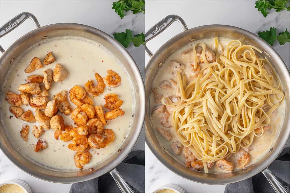 How to combine chicken and shrimp with alfredo pasta.