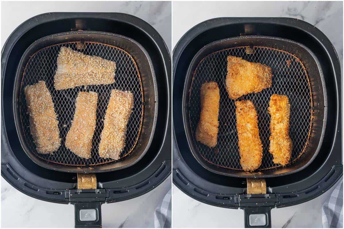 Homemade crispy fish sticks in air fryer.