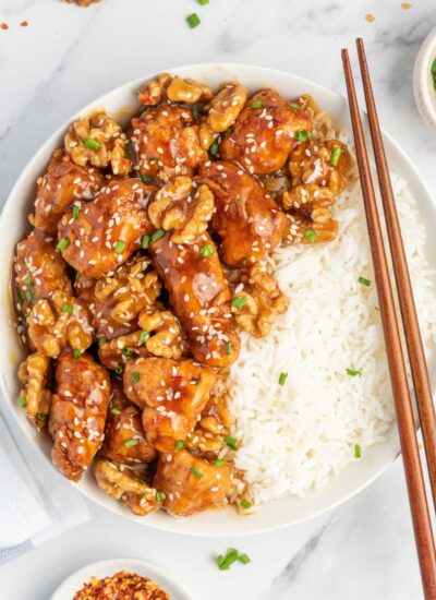 honey walnut chicken served over rice