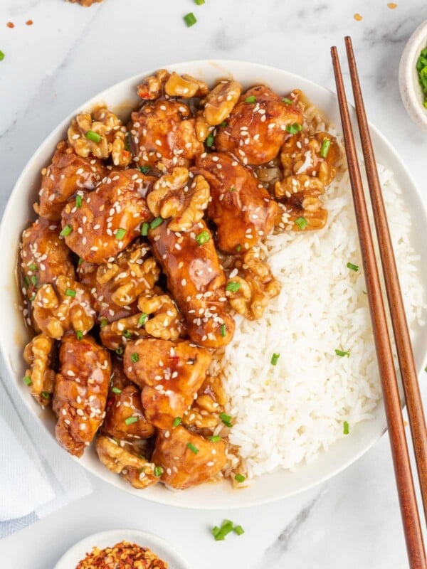 honey walnut chicken served over rice