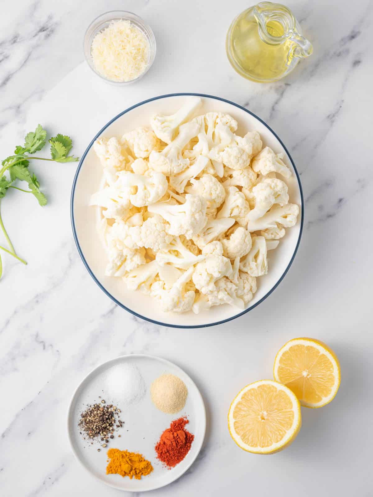 Ingredients needed for air fryer cauliflower bites.