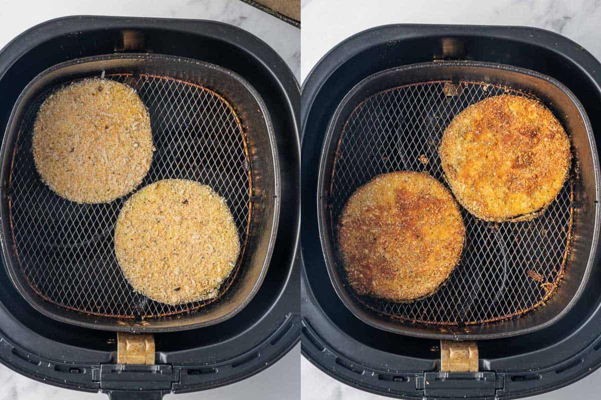 Sliced eggplant in air fryer before and after cooking.