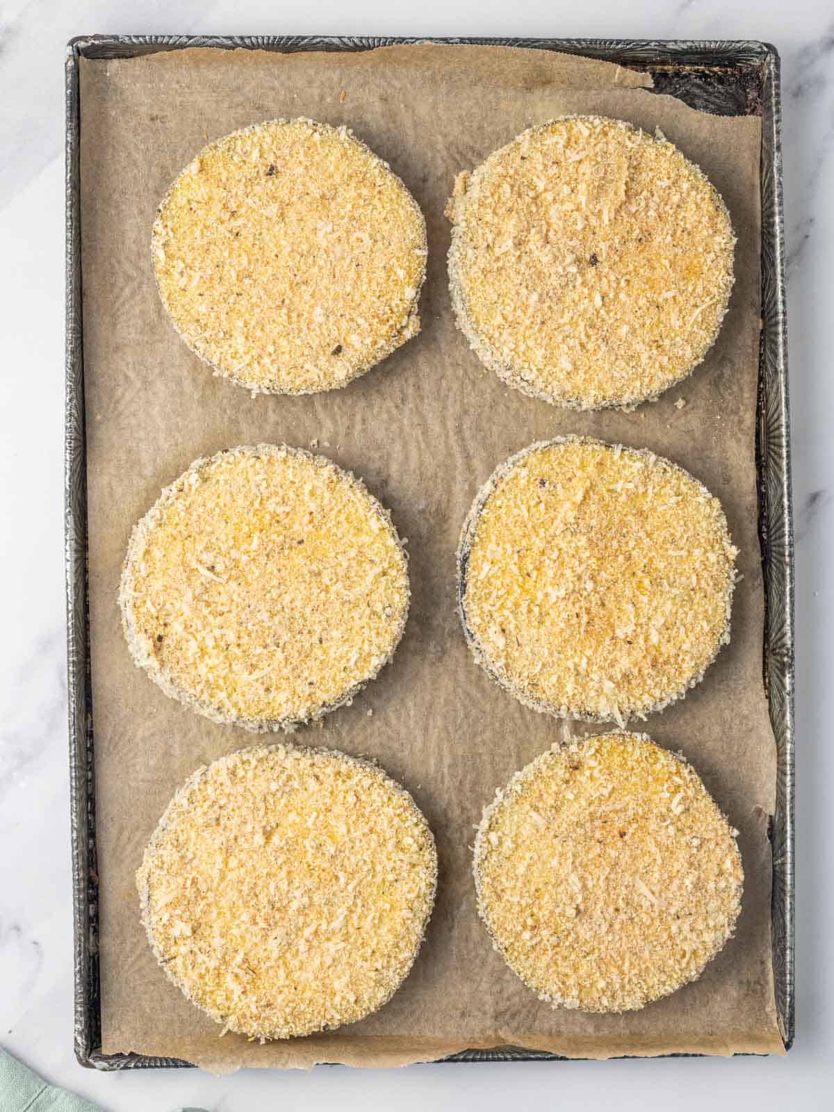 Breaded eggplant ready to be air fried.