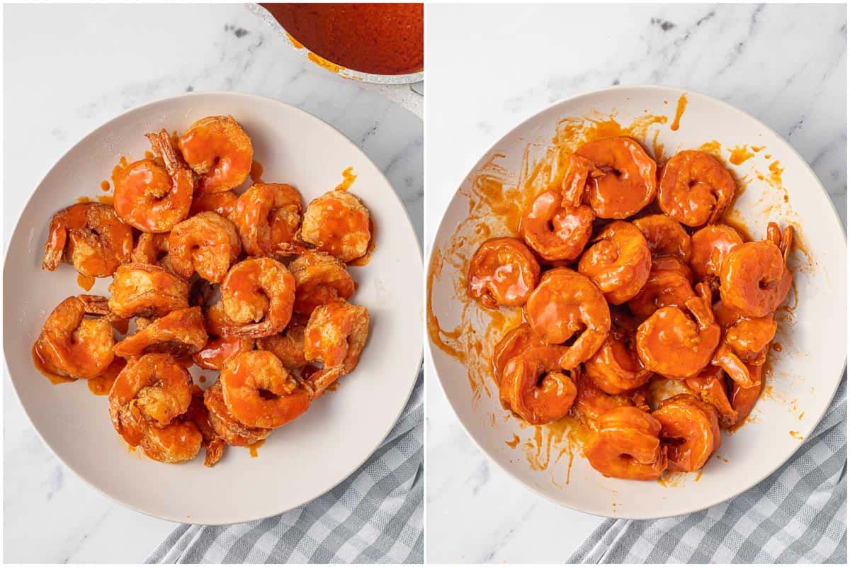 How to coat fried shrimp with buffalo sauce.