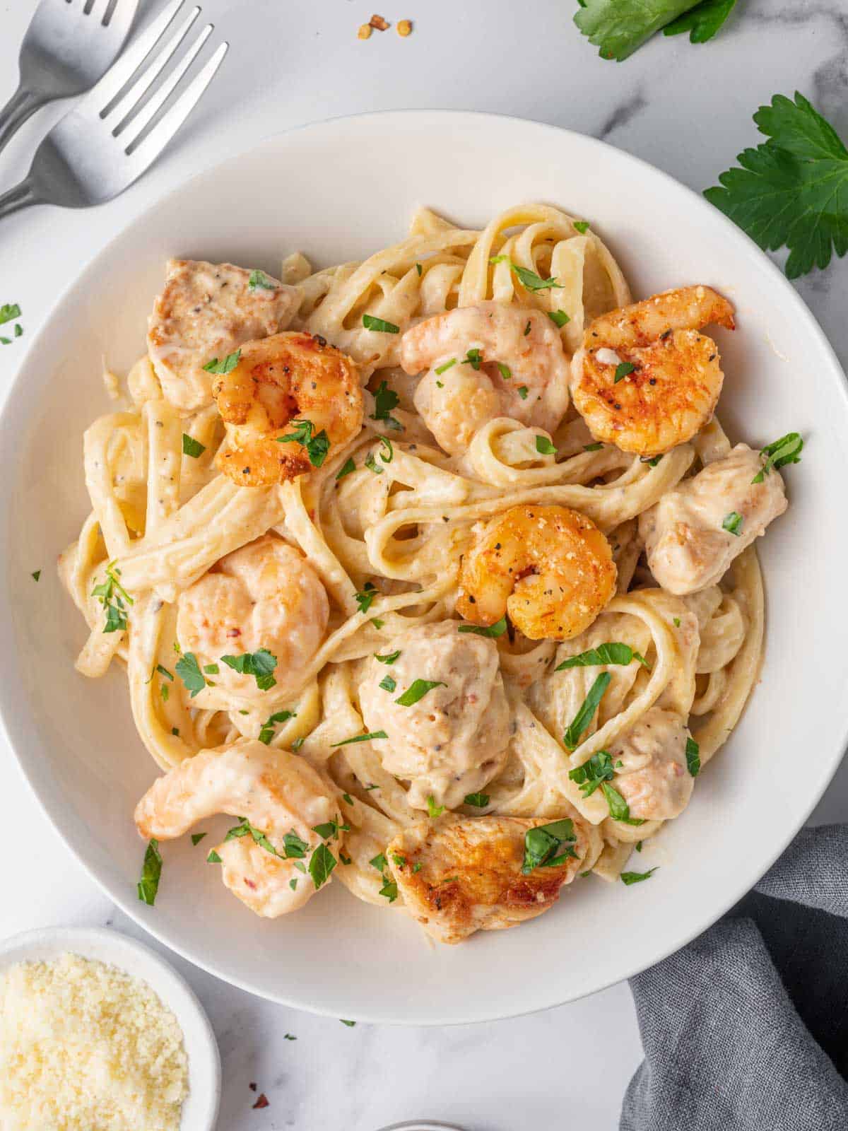 A plate of shrimp and chicken alfredo.
