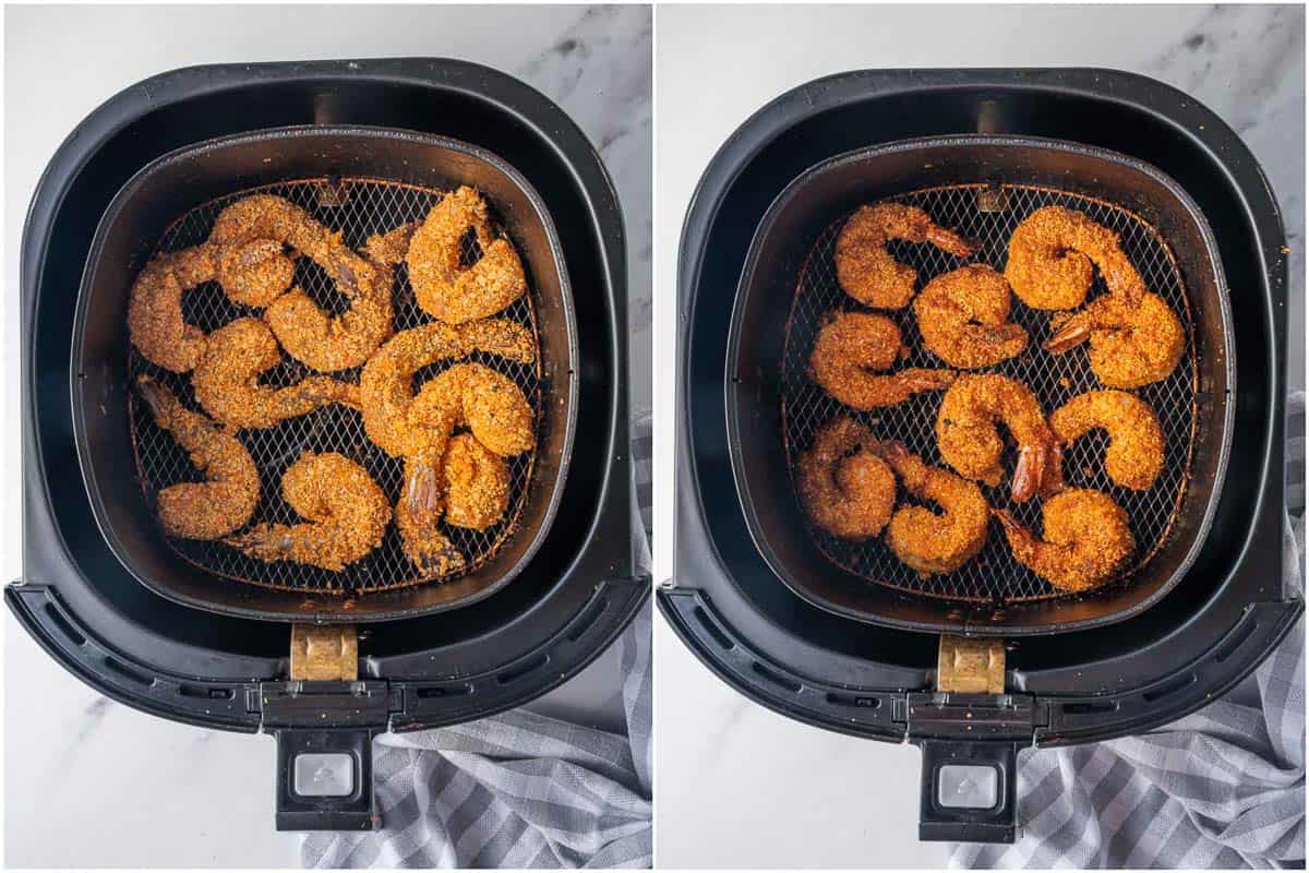 Before and after of air fryer shrimp.