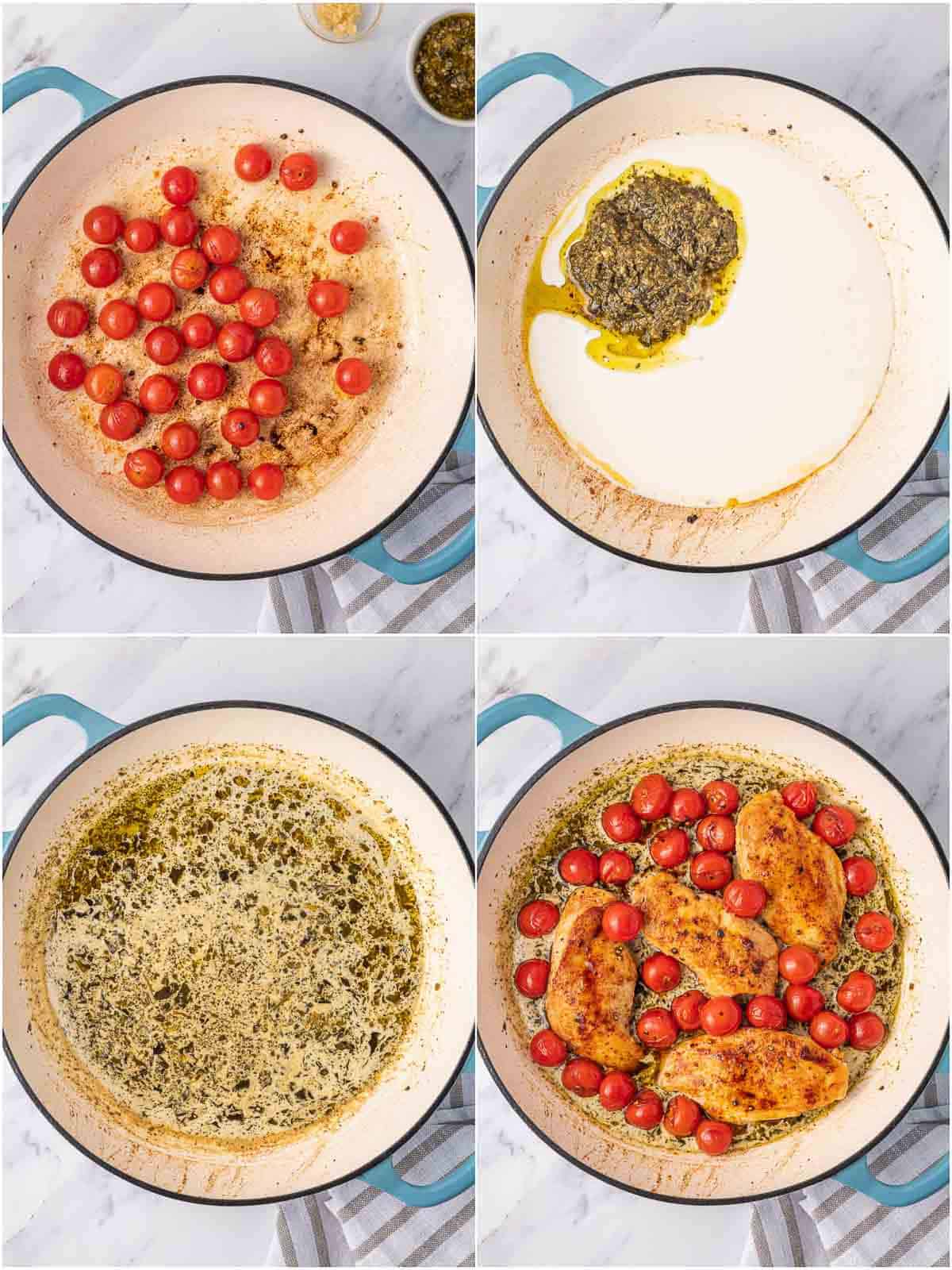 Step by step process for making pesto cream chicken.