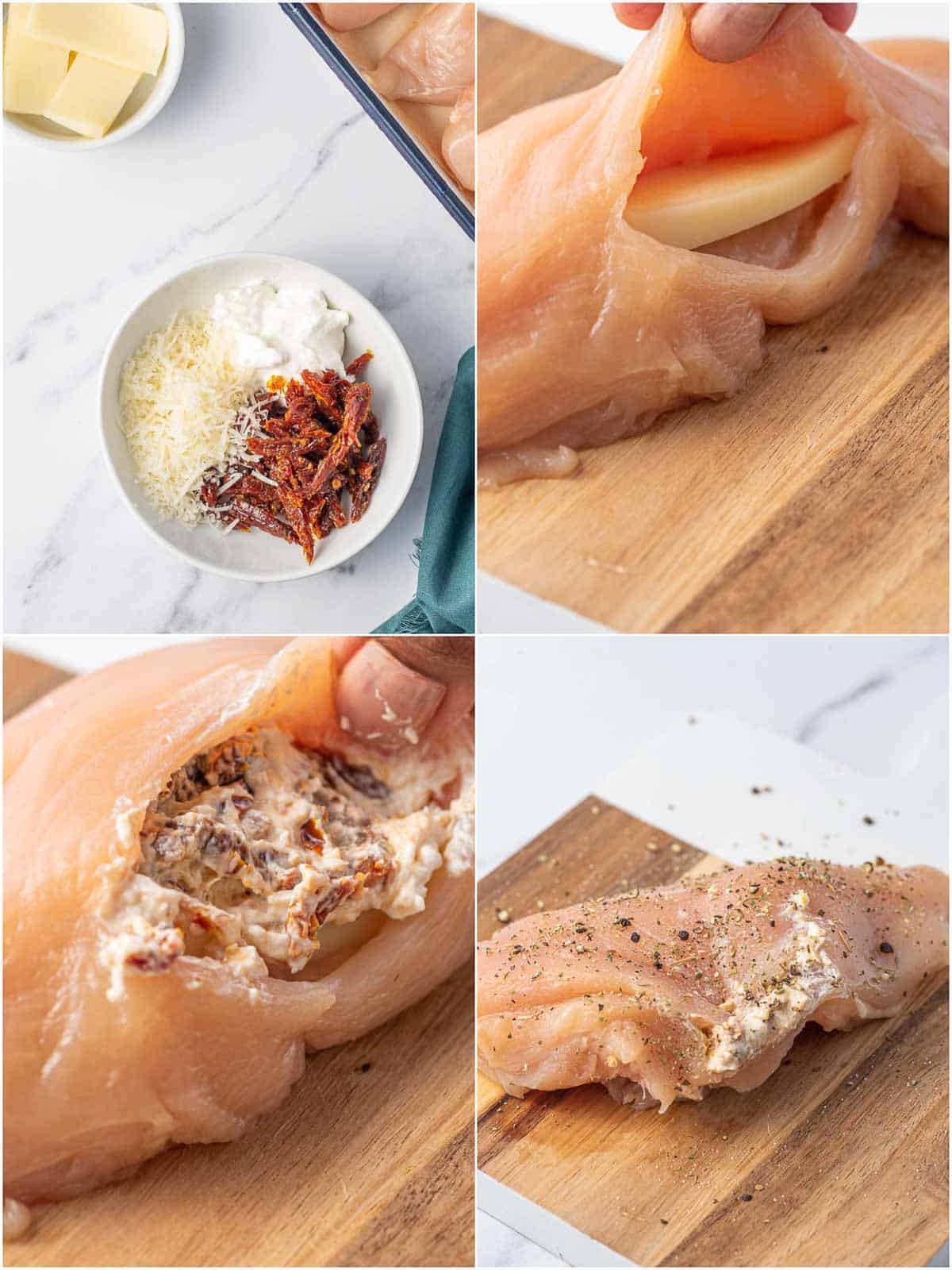 Step by step photos for how to stuff chicken breast.