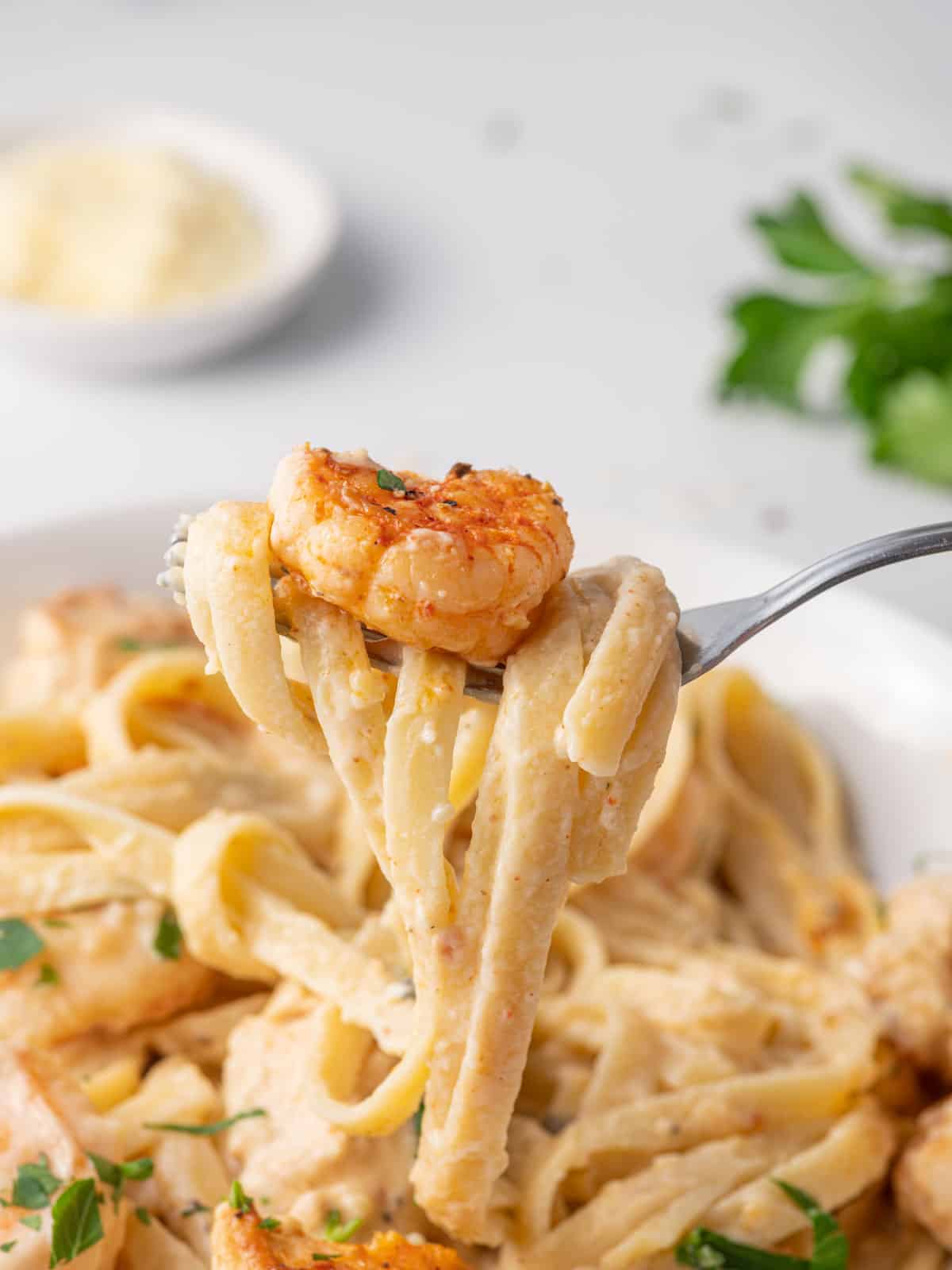 A fork lifts a scoop of alfredo pasta with a piece of shrimp.