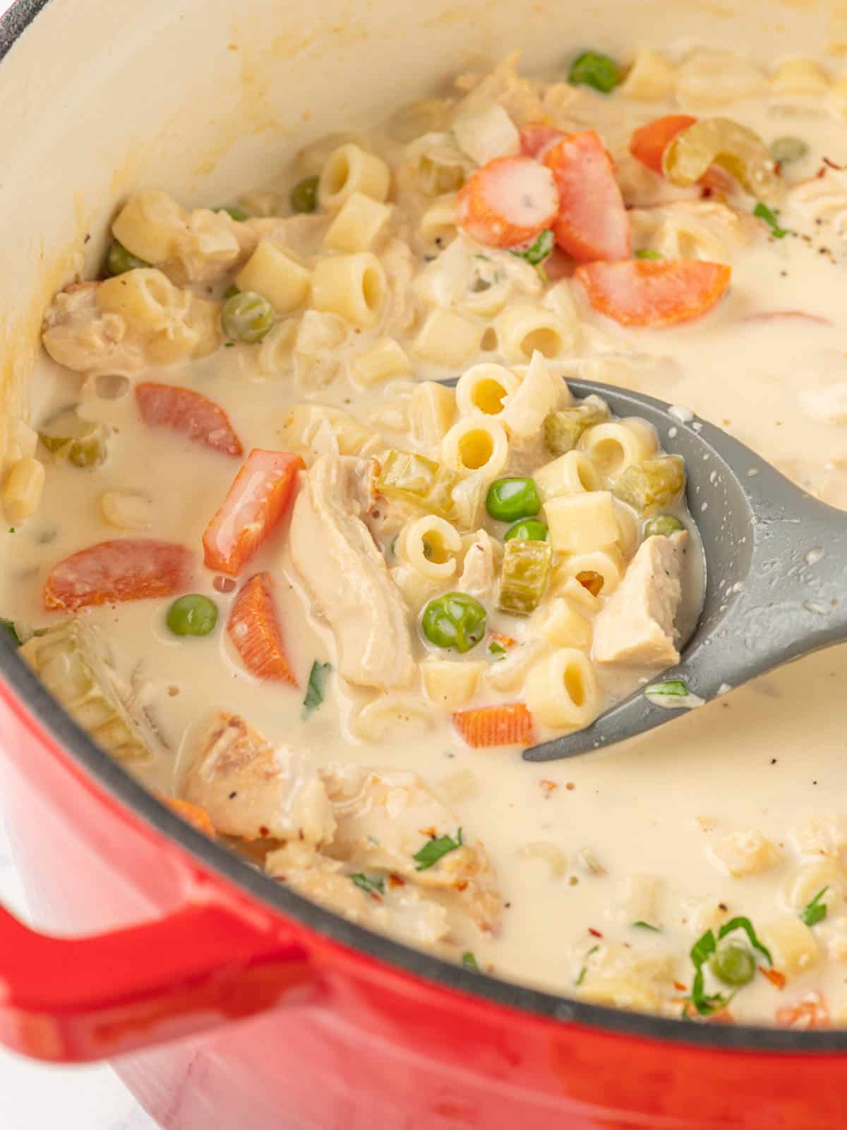 A pot of chicken soup with a ladle.