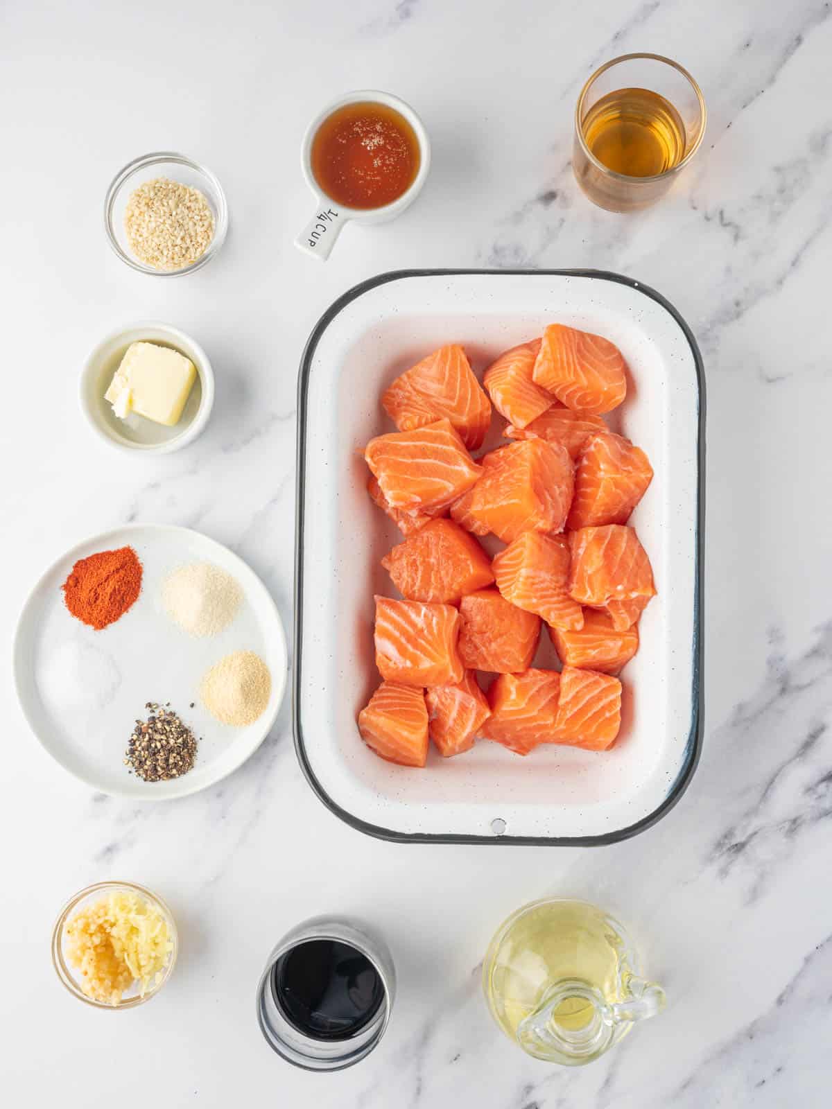 Ingredients needed for honey garlic salmon bites.