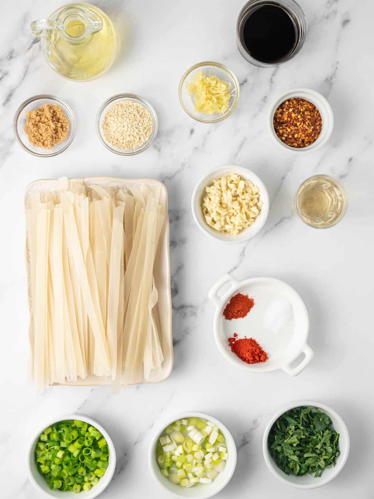 Ingredients needed for chili garlic oil noodles.