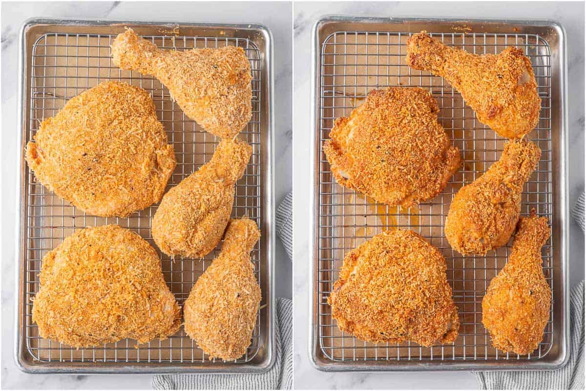 Before and after frying the chicken.
