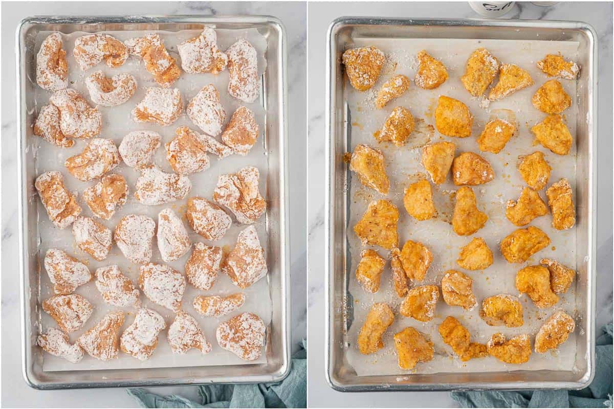 Before and after of baked chicken bites coated in cornstarch.