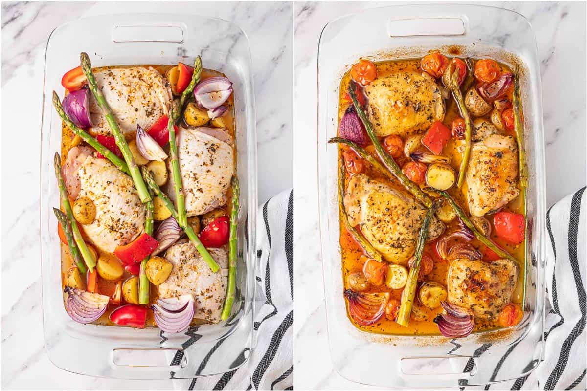 Before and after baking chicken with olives and vegetables.