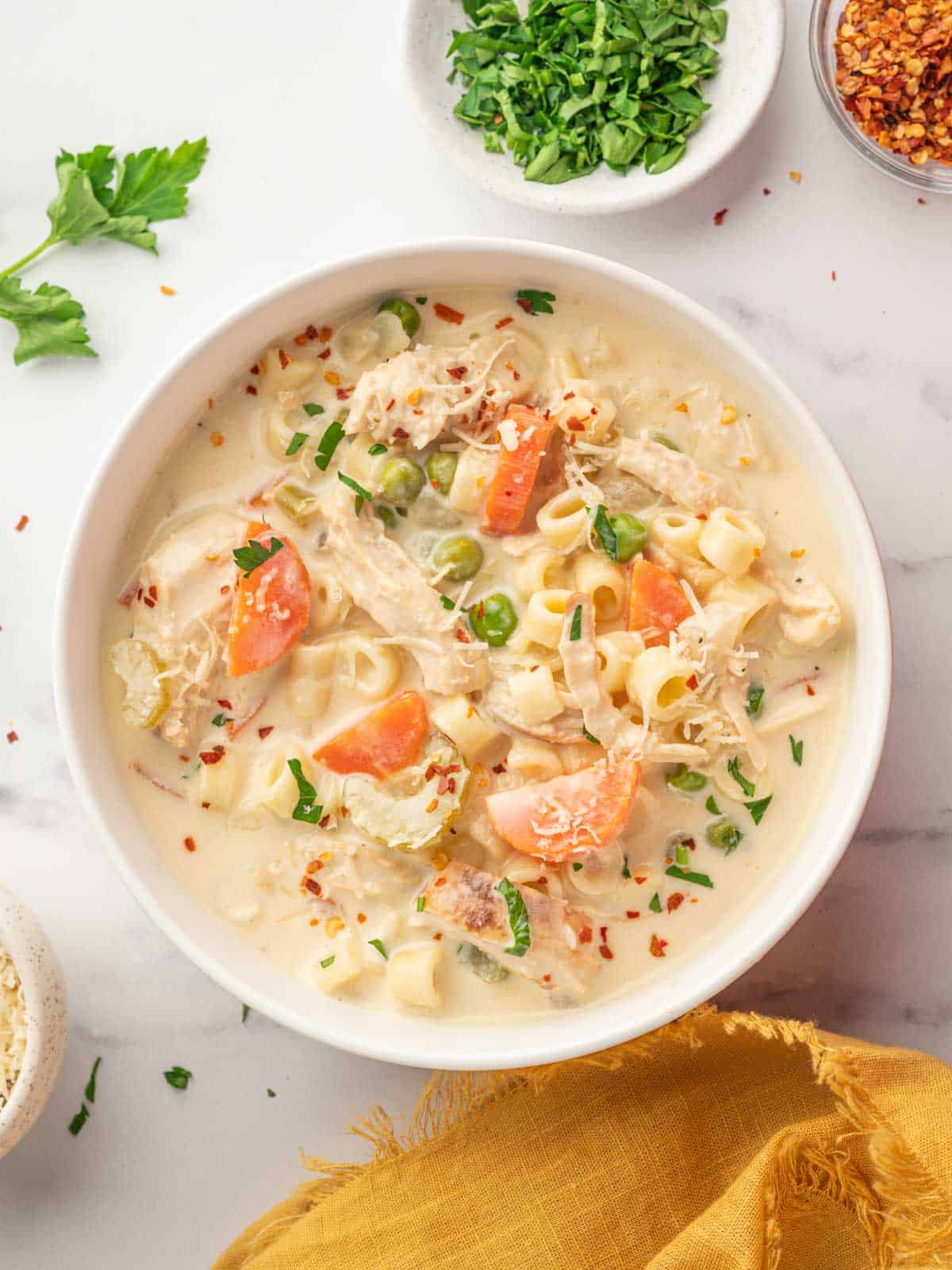 A bowl of the best chicken vegetable soup.