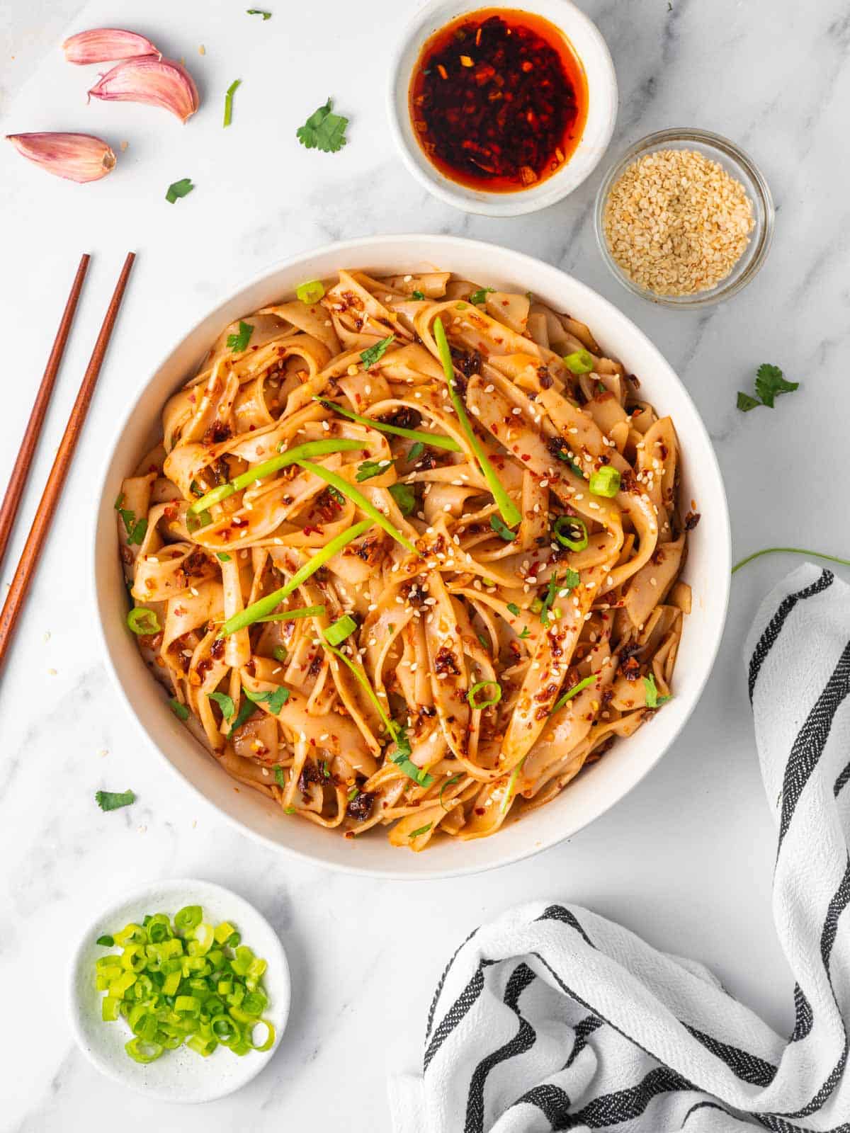 Easy garlic noodles with chili oil in a bowl.