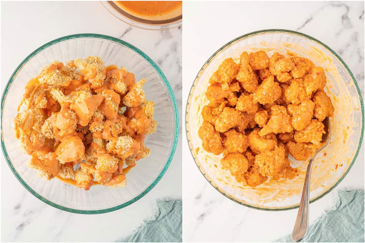 Coating baked cauliflower with bang bang sauce.