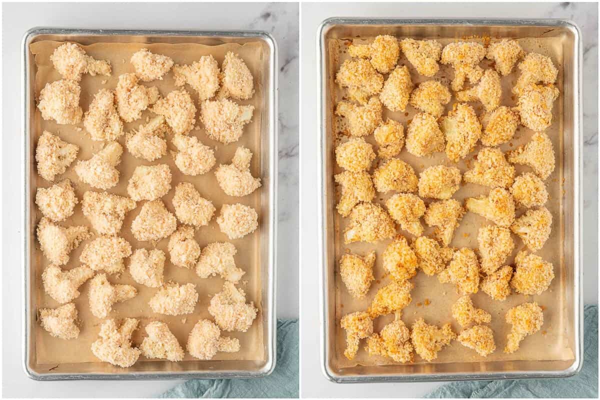 Before and after of crispy cauliflower on a baking tray.
