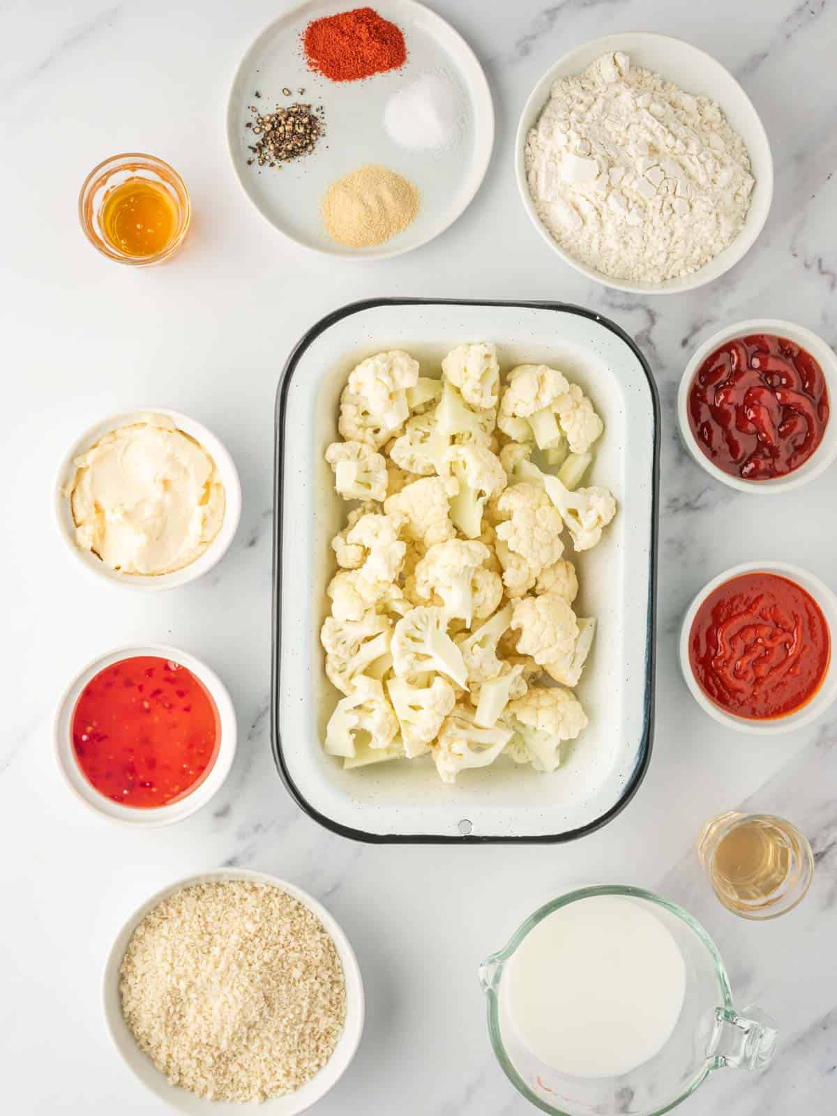 Ingredients needed for crispy bang bang cauliflower.