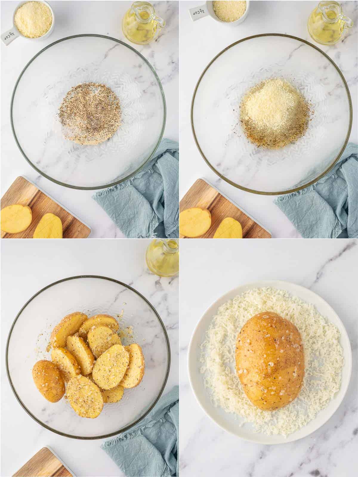 Step by step how to coat garlic parmesan potatoes.