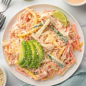 Crab stick salad recipe on a plate.
