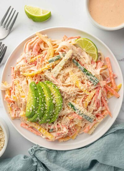 Crab stick salad recipe on a plate.