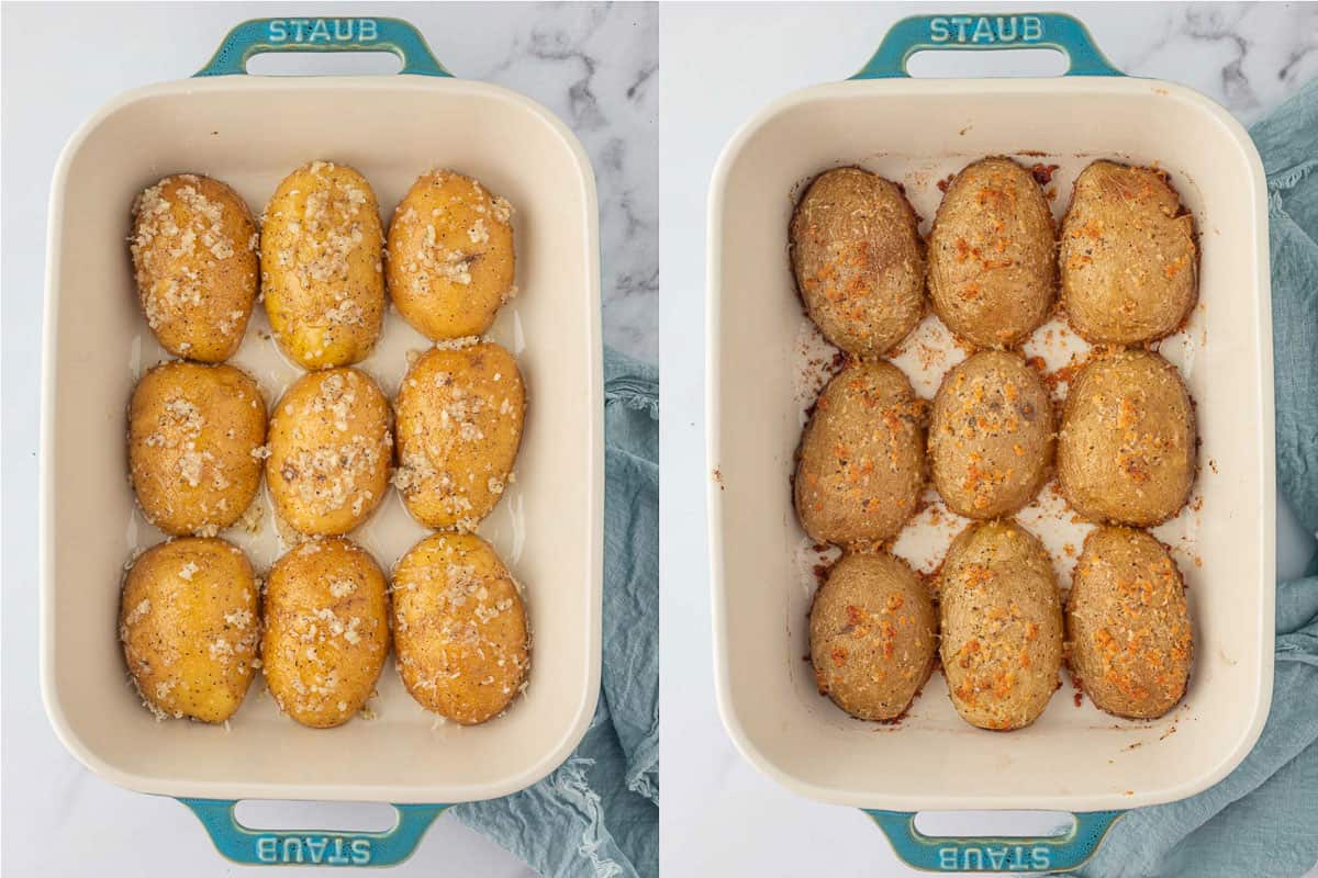 Before an after of baked crispy potatoes.