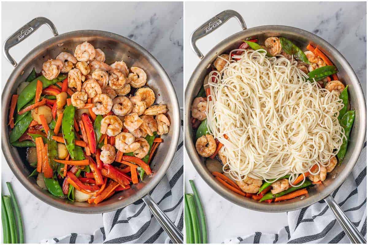 Combining noodles, shrimp and vegetables for lo mein.